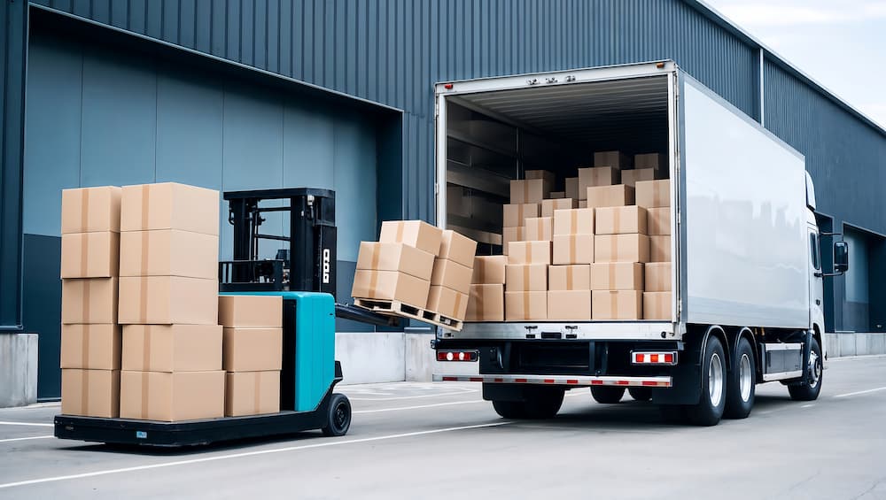 sleek-white-truck-parked-outside-modern-warehouse-with-workers-unloading-organized-cardboard-box